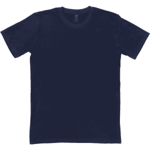A navy blue T-shirt with a round neckline and short sleeves, featuring a logo on the inside tag.