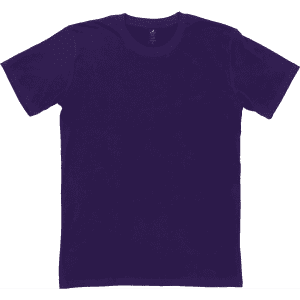 A purple T-shirt with a plain design and a crew neck, featuring a logo on the label.