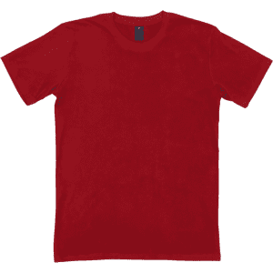 A red t-shirt with a soft texture and a label on the neckline. The shirt has short sleeves and a classic fit.