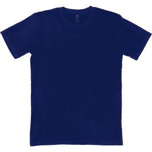 A navy blue t-shirt with a crew neck and short sleeves, featuring a brand logo inside the neckline.