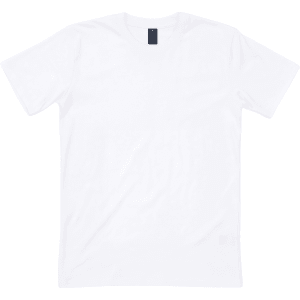 A white t-shirt featuring short sleeves and a simple crew neck, with a small brand logo on the tag.