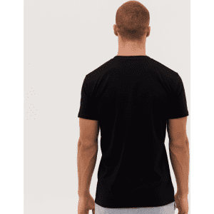A black T-shirt designed for men, featuring a simple, classic cut with short sleeves.