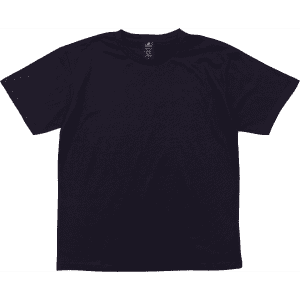 A black t-shirt with a classic crew neck design and short sleeves, featuring a logo on the inside label.