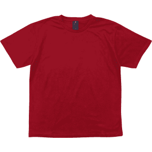 A red t-shirt with short sleeves and a classic crew neckline, featuring a label inside.