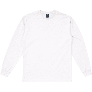A white long sleeve tee featuring a round neckline and fitted cuffs. It includes a logo on the neck label.