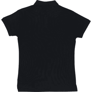 A black women's polo shirt with short sleeves and a collar, featuring a logo on the back.