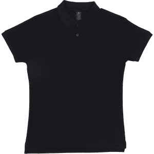 A black women's polo shirt with a collared neckline and short sleeves, featuring a logo on the chest.