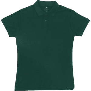 A dark green women's polo shirt with a collar, featuring short sleeves and a button placket, and a logo.