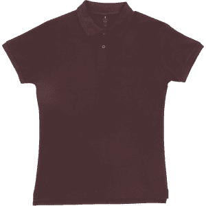A maroon women's polo shirt featuring a collar and short sleeves, complete with a logo.