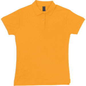 A women's polo shirt in bright orange with a classic collar and short sleeves. It features a logo on the chest area.