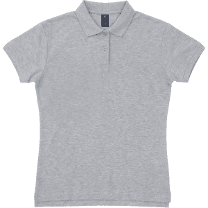 A women's polo shirt in light grey, featuring a classic collar and a buttoned placket, with a branding logo.