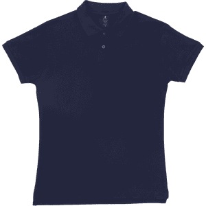 A navy blue women's polo shirt with a collar, short sleeves, and a button placket. It has a logo on it.