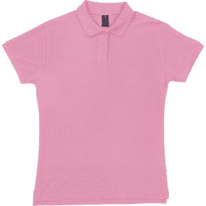 A women's polo shirt in a light pink colour, featuring a collar and short sleeves. It has a logo on the tag.