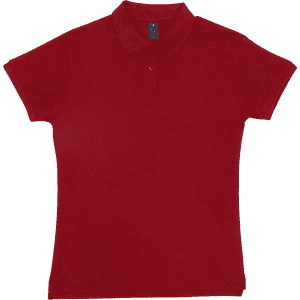 A red women's polo shirt with a collar, featuring short sleeves and a branded tag.