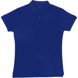 A navy blue women's polo shirt with a collar and short sleeves, featuring a button at the neck and a logo.