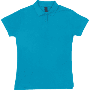 A women's polo shirt in a vibrant turquoise colour, featuring a collar and short sleeves. It has a branding logo.