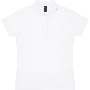 A white women's polo shirt with a collar and short sleeves, featuring a small logo.