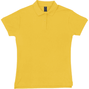 A women's polo shirt in vibrant yellow with a collar and short sleeves, featuring a logo on the label.