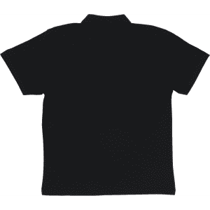 A black women's polo shirt with a collar, featuring a logo on the back.