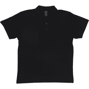 A black women's polo shirt features a collared neck and short sleeves, with a logo on the chest area.