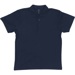 A navy women's polo shirt with a collared neck and three buttons, featuring a logo on the chest.