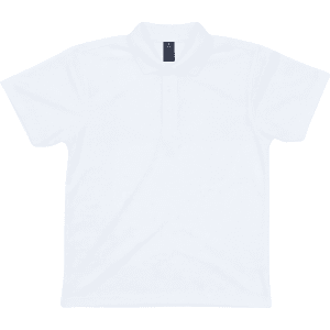 A white polo shirt featuring a collar and buttons. It has a branding logo on the neckline.