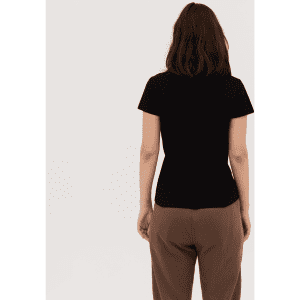 A black women's polo shirt with short sleeves, displayed from the back against a neutral background.