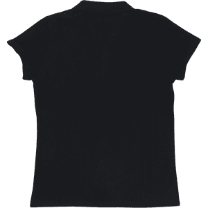 A black women's polo shirt with short sleeves and a collar, featuring a branding logo.