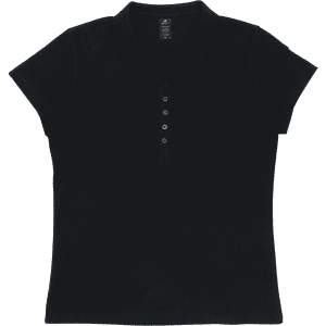 A black women's polo shirt with a collar and a button placket, featuring short sleeves and a logo.