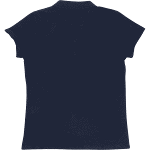A navy women's polo shirt featuring short sleeves and a classic collar, with a branding logo on the back.