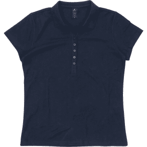 A women's polo shirt in navy blue with a collared neckline and button placket, featuring a logo.
