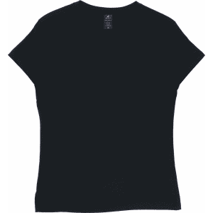 A black women's tee with a relaxed fit and a brand logo at the neckline.