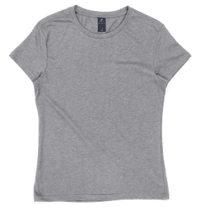A grey women's tee with short sleeves and a round neckline, featuring a branding label.