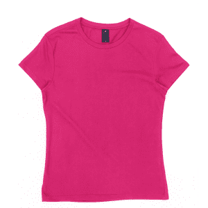 A pink women's surf/essential tee with a round neckline and short sleeves, featuring a logo.