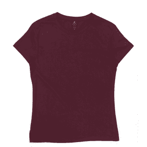 A maroon women's essential tee with a fitted shape, featuring a back label and a small logo.