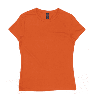 An orange women's surf tee with a round neckline and short sleeves, featuring a logo at the neck.