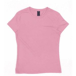A pink women's essential tee featuring a fitted design and a small logo on the neckline.
