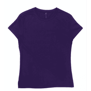 A purple women's surf tee with short sleeves, featuring a logo on the interior neck.