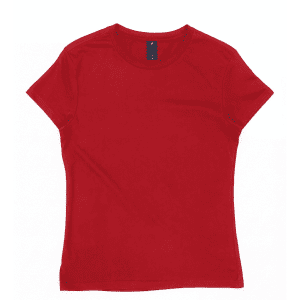 A red women's surf/essential tee with a round neckline and short sleeves, featuring a logo.