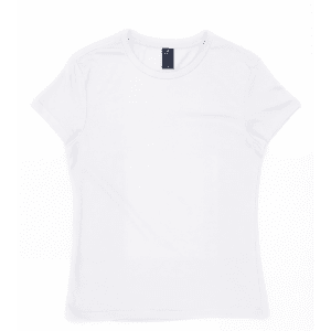 A white women's surf tee displayed flat. The shirt has a logo on the collar area.