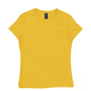 A yellow women's surf essential tee featuring a round neck and short sleeves, with a label inside.
