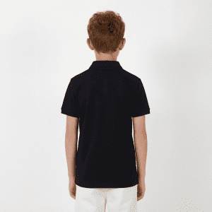 A black Youth Core Polo for children, featuring a standard collar and short sleeves, shown from the back.