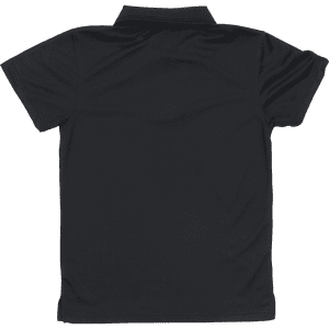 A black youth polo shirt with a short sleeve and collar, featuring a logo on the back.