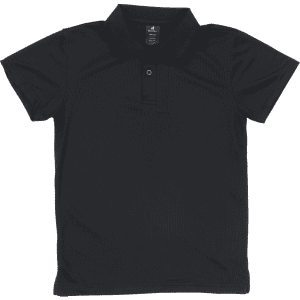 A black youth polo shirt with a collar and a placket. It features a logo on the fabric.