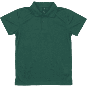 A dark green polo shirt with a collar and short sleeves. The shirt features a logo.