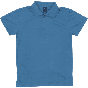 A blue youth polo shirt with a collar and a single button placket, featuring a logo on the label.