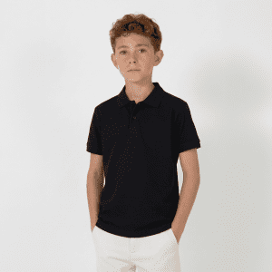 A youth black polo shirt with a collar and short sleeves, featuring a logo on the chest.