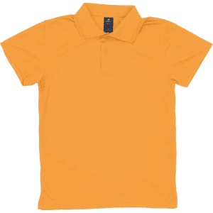 A yellow polo shirt featuring a collar and a logo on the label.