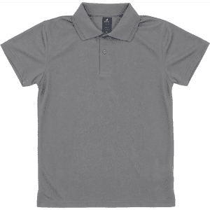 A grey youth polo shirt with a collar and a single button, featuring a branding logo.