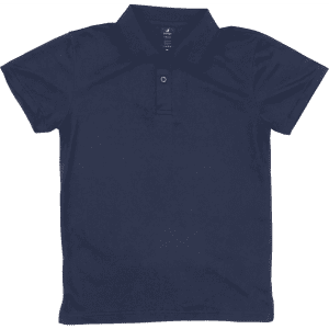 A navy blue Youth Core Polo with a collar and three button placket, featuring a branding logo.